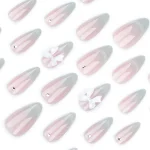 24pcs Sweet Cat Eye French Press on Nails Diamond-Pointed Three Dimensional Bow Knot Wearable Nail For Women&Girl Almond Nail 2