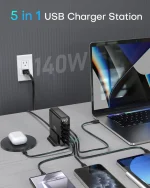 TOPADRE 140W USB C 5-Ports Charging Station with Display, Max 100W USB Laptop Charger Compatible with MacBook ,iPhone ,Samsung 4
