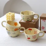 Ceramic Mugs Coffee Cups Hand Pinched Irregular Flower Milk Tea Cup Ins Korean Style Oatmeal Breakfast Mug Drinkware Kitchen