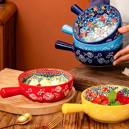 Bohemian Ceramic Hand-Painted Embossed Patterned Salad Bowl with Handle Kitchen Bakeware Microwave & Oven Safe 1 pc