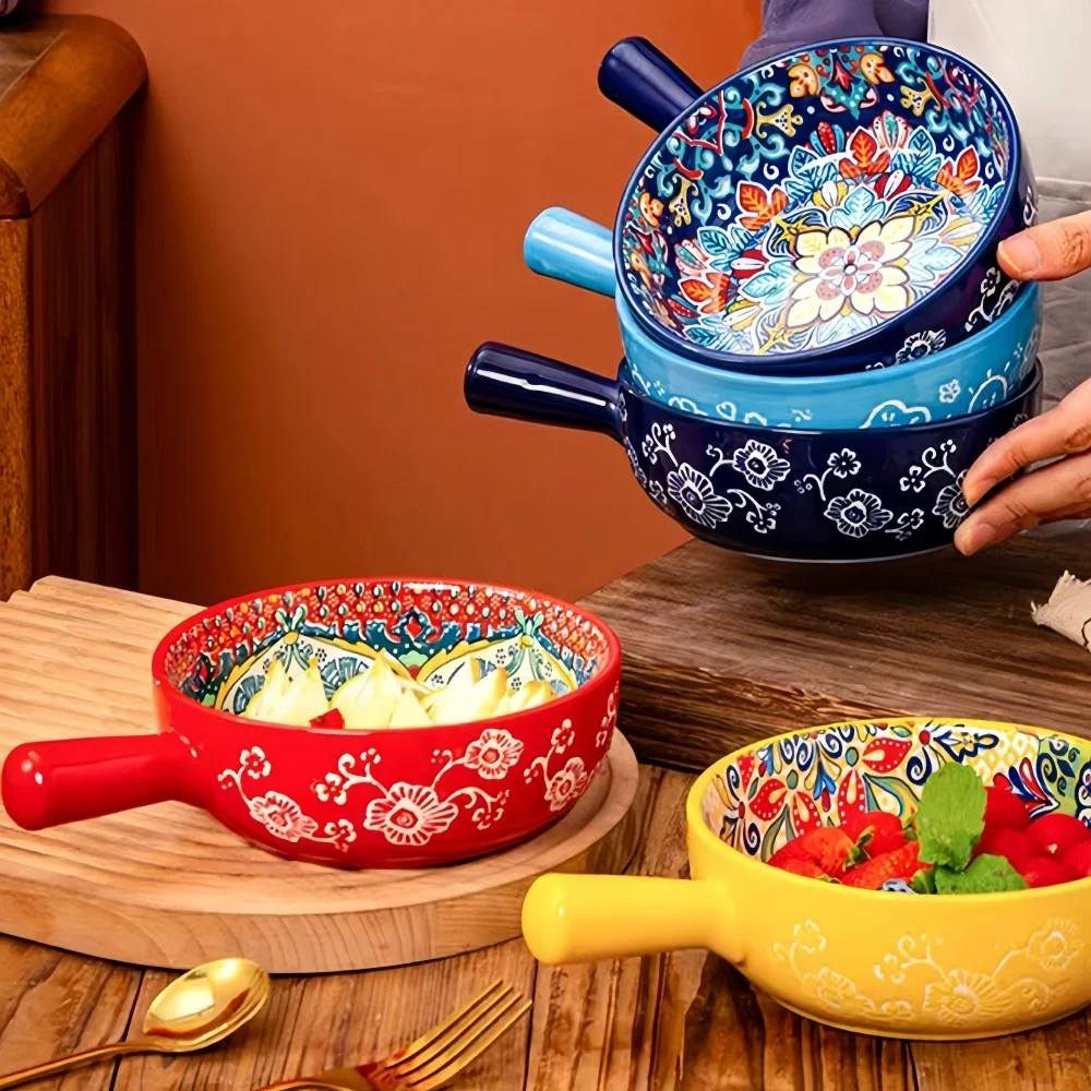 Bohemian Ceramic Hand-Painted Embossed Patterned Salad Bowl with Handle Kitchen Bakeware Microwave & Oven Safe 1 pc Bohemian Ceramic Hand-Painted Embossed Patterned Salad Bowl with Handle Kitchen Bakeware Microwave & Oven Safe 1 pc
