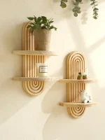 1Pc Boho Style Wooden Wall Shelves - Geometric Wall Mounted Shelves, Natural Wood Finish, Modern Home Decor, Plant Decorative 2