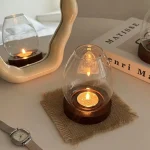 Transparent Glass Candlesticks Hollow Windproof Candle Holder Round with Wood Base Candle Cup Cover Dining Table Decoration 4