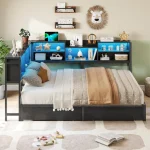 DICTAC Full Corner Bed Frame with Bookcase Storage and Led Lights Metal Platform Bed Frame with 2 Drawers and Charging Station F 3