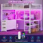 Loft Bed Full Size with U-Shaped Desk, 6 Storage Drawers, Power Outlet, LED Metal Loft Bed with 2 Storage Shelves,White 5