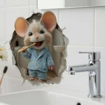 1 piece of fun little mouse brushing wall sticker, PVC bathroom sticker, self-adhesive waterproof art wall sticker, creative fan 2