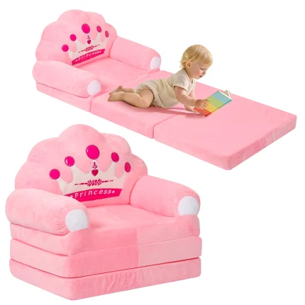 2 in 1 Foldable Kids Sofa Bed Baby Seat Chair Foam Filled Toddler Sleeping Couch Reading Armchair for Reading Relaxing Nursery