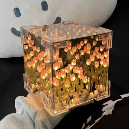 Creative DIY Tulip Night Light Led Decorative Night Lamp Magic Cube Table Lamp and Mirror 2 in 1 for Birthday Gifts Girl Cards