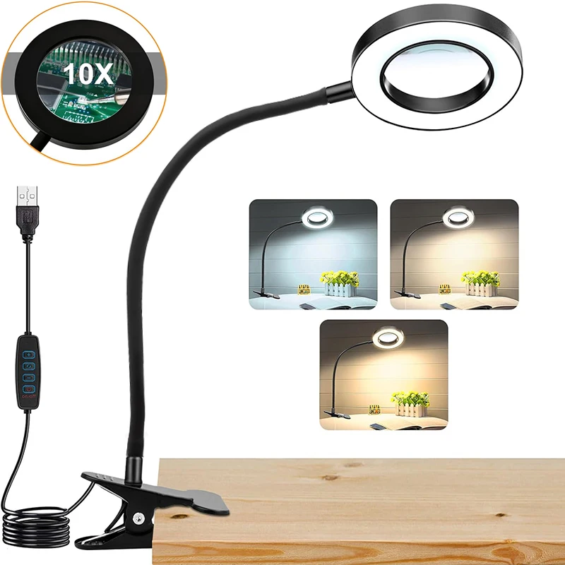 10X Magnifying Glass with 3 Color Modes LED Lighted Desk Lamp with Metal Clamp Flexible Gooseneck Magnifier for Reading Nail Art 10X Magnifying Glass with 3 Color Modes LED Lighted Desk Lamp with Metal Clamp Flexible Gooseneck Magnifier for Reading Nail Art