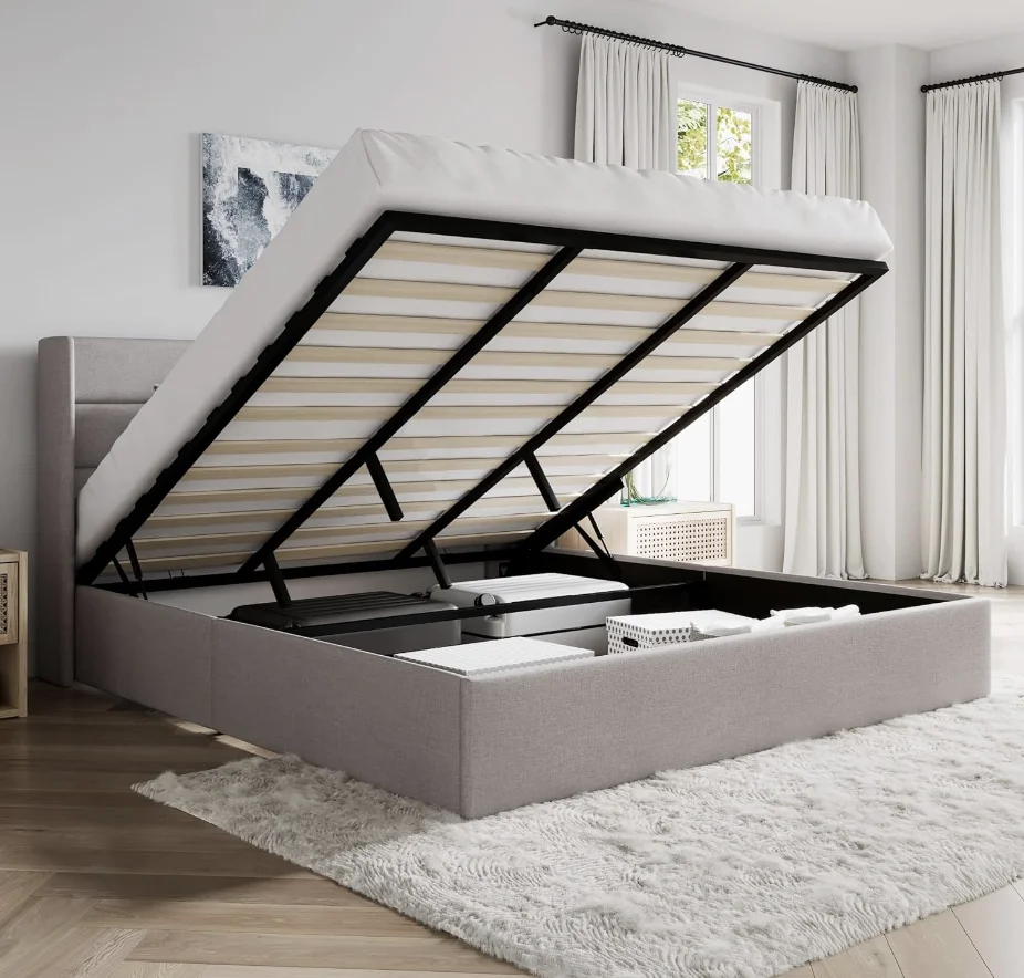 King Size Lift Up Storage Bed/Modern Wingback Headboard/Upholstered Platform Bed Frame/Hydraulic Storage/No Box Spring Needed/Wo King Size Lift Up Storage Bed/Modern Wingback Headboard/Upholstered Platform Bed Frame/Hydraulic Storage/No Box Spring Needed/Wo