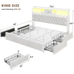 King Size Velvet Bed Frame with 4 Drawers, LED Lights, Charging Station, Beige 2