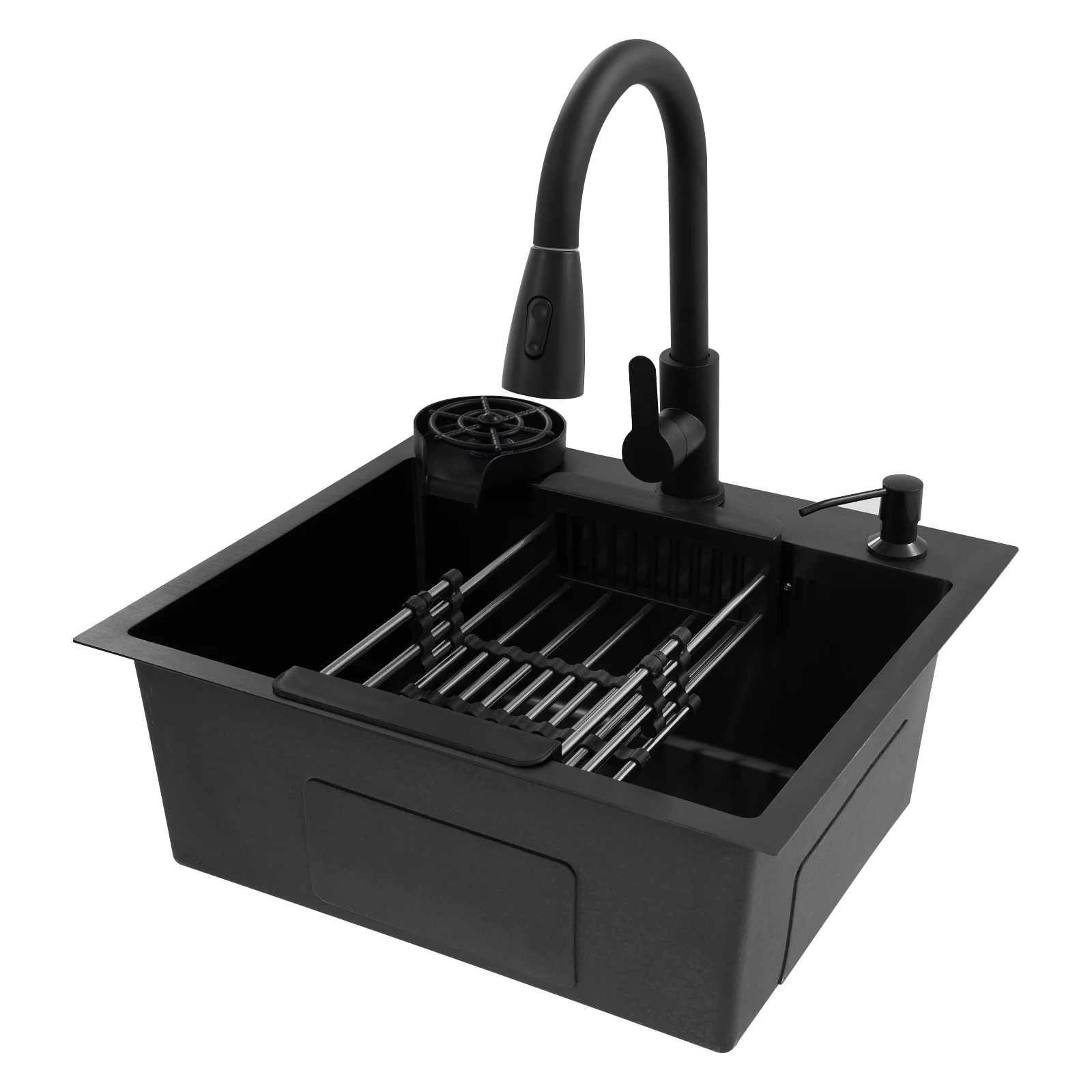 Multi-functional Kitchen Sink with Retractable Faucet, Soap Dispenser and Drip Basket Black Stainless Steel Sink 3 Specification Multi-functional Kitchen Sink with Retractable Faucet, Soap Dispenser and Drip Basket Black Stainless Steel Sink 3 Specification