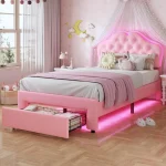 Twin Size Girl Bed with Storage Drawer & LED Lights, Upholstered Platform Bed, Adjustable Headboard with Velvet Crystal Button P