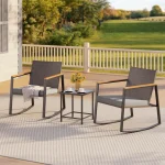3 Pieces Rocking Patio Bistro Set with Anti-Scald Armrest, Outdoor Patio Wicker Furniture Set with Glass Table and Cushio 2