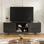 Mid Century Modern TV Stand for TVs Up to 75", Farmhouse Fluted TV Stand, Retro Wood TV Stand with Storage and Shelf 2