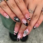 24Pcs False Nails Spicy Girl Silver Bow with Diamond Fake Nails with Glue Almond Press on Nails Black Cool Y2k Almond Nail Set 4