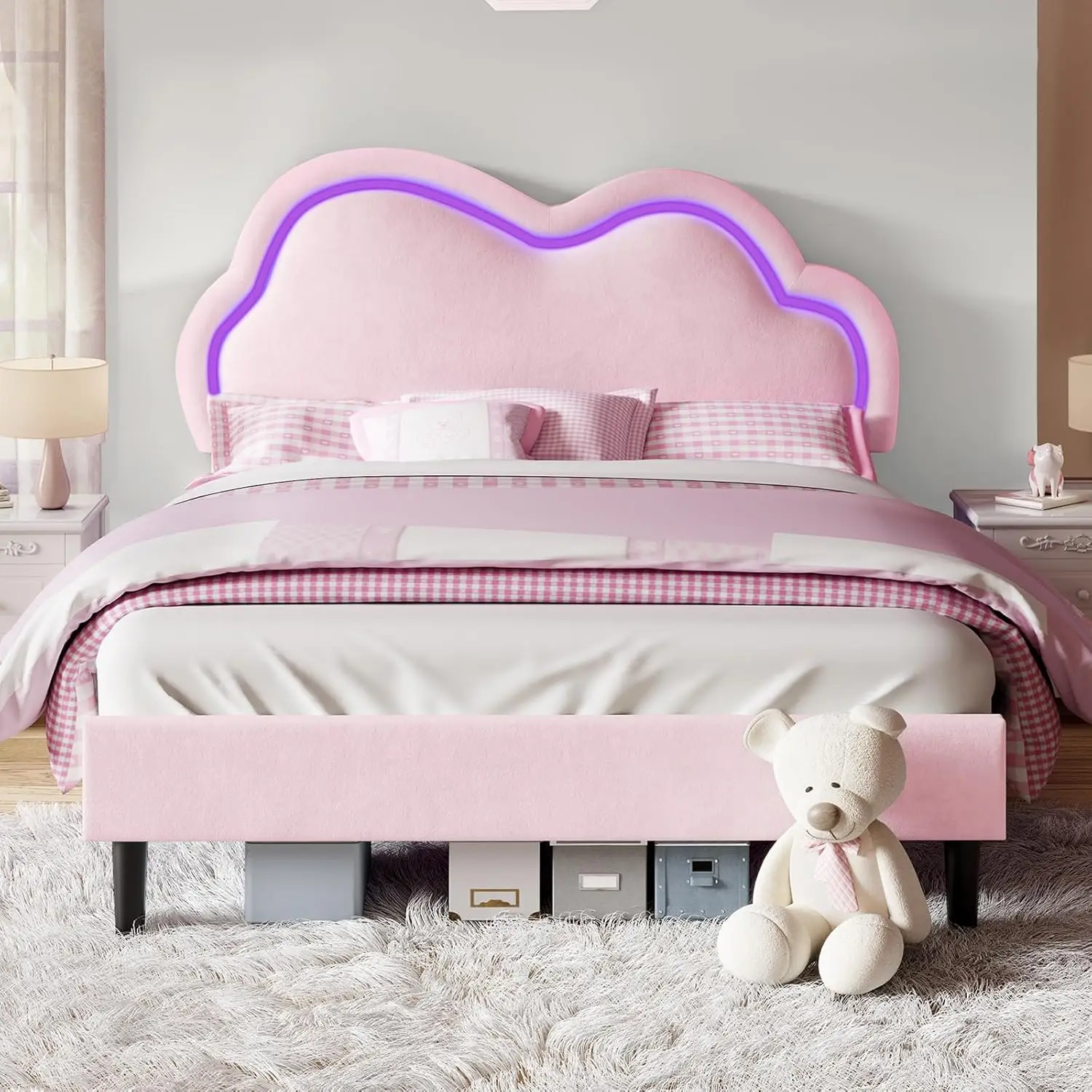 Full Bed Frame for Girls with Adjustable Cloud Headboard, Velvet Upholstered & RGB Lights, 7.1" Underbed Storage, Customized Full Bed Frame for Girls with Adjustable Cloud Headboard, Velvet Upholstered & RGB Lights, 7.1" Underbed Storage, Customized