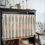 Beige Circular Patterned Hanging Tassel Short Curtain, Lace Short Curtain, Living Room, Bedroom, Kitchen Cabinet Cover Curtain 5