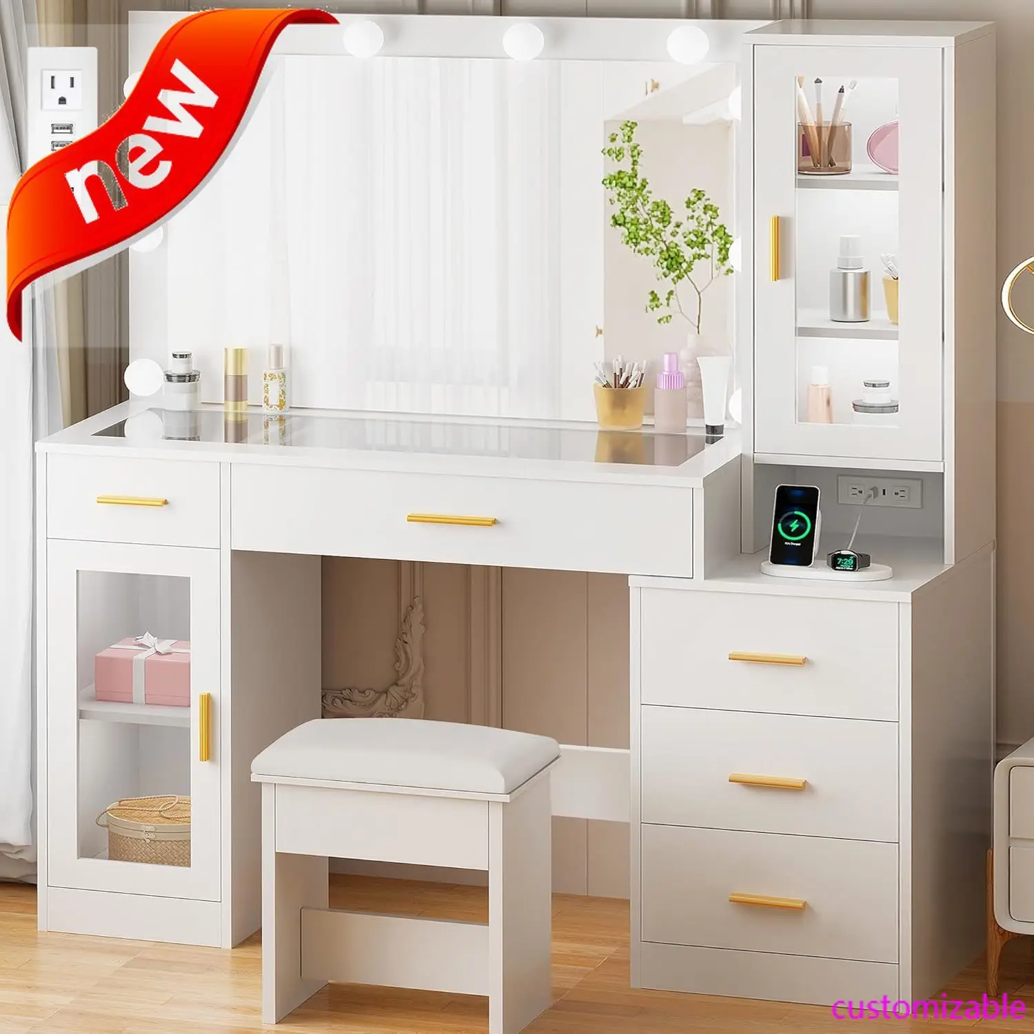 49.2" Large Vanity Desk with Mirror and Lights,White Makeup Vanity Table with Glass Top,Stool,Makeup Desk with Power Outlet 49.2" Large Vanity Desk with Mirror and Lights,White Makeup Vanity Table with Glass Top,Stool,Makeup Desk with Power Outlet