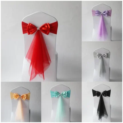 Wedding Decoration Elegant Ready Made Bow Tie Spandex Chair Sashes with Organza Long Tail Birthday Holiday Celebration