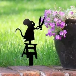 1pc silhouette metal garden post with scissors mouse design, art deco lawn sign, creative animal sculpture decorations 4