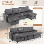 102" Plush Corduroy Sleeper Sofa Bed with Storage Chaise Sectional Couch,Pull Out U Shaped Bed with USB Ports for Living Room 2