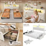 King Size Velvet Bed Frame with 4 Drawers, LED Lights, Charging Station, Beige
