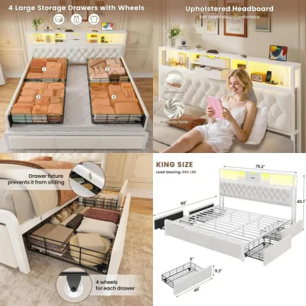 King Size Velvet Bed Frame with 4 Drawers, LED Lights, Charging Station, Beige