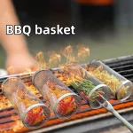 Barbecue Grill Grate Barbecue Cages Camping Picnic Cookware Outdoor Round BBQ Campfire Grill Grid Rolling Grill Basket 3