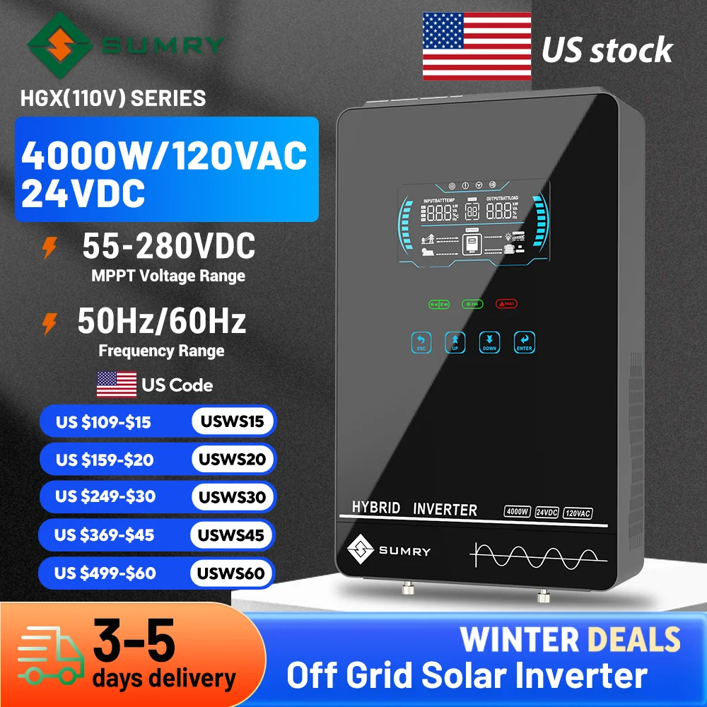 SUMRY 4KW 6KW 120V Off Grid Solar Inverter 24V 140A 5600W MPPT Charger Pure Sine Wave Home Inverter 6.25 Inch LCD Display SUMRY 4KW 6KW 120V Off Grid Solar Inverter 24V 140A 5600W MPPT Charger Pure Sine Wave Home Inverter 6.25 Inch LCD Display