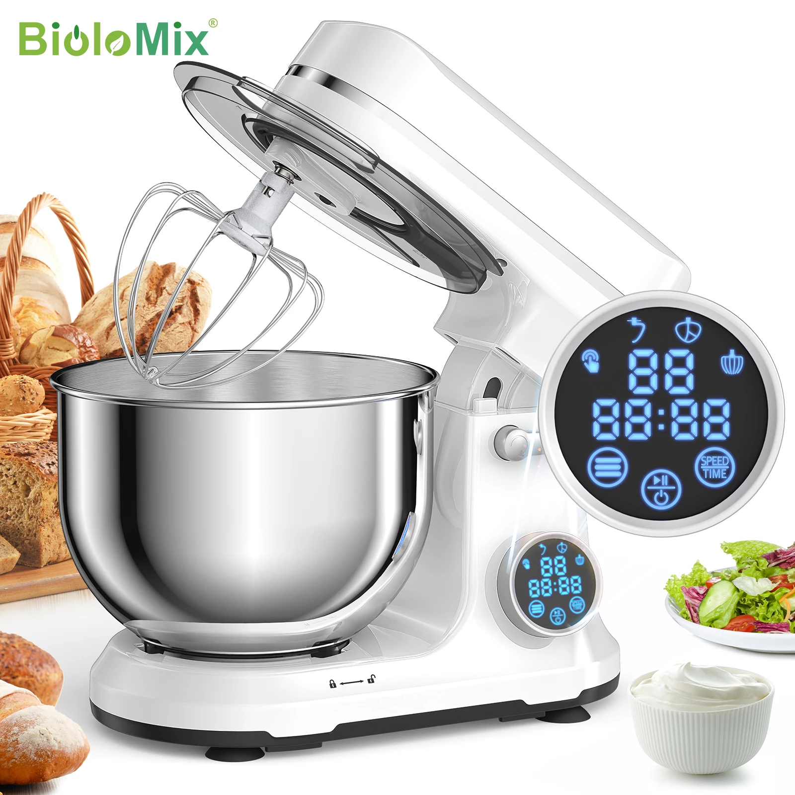 BioloMix Kitchen Food Stand Mixer, 1200W 11-Speeds DC Motor, Digital OLED Screen, Electric Food Mixer with Dough Hook, Whisk BioloMix Kitchen Food Stand Mixer, 1200W 11-Speeds DC Motor, Digital OLED Screen, Electric Food Mixer with Dough Hook, Whisk