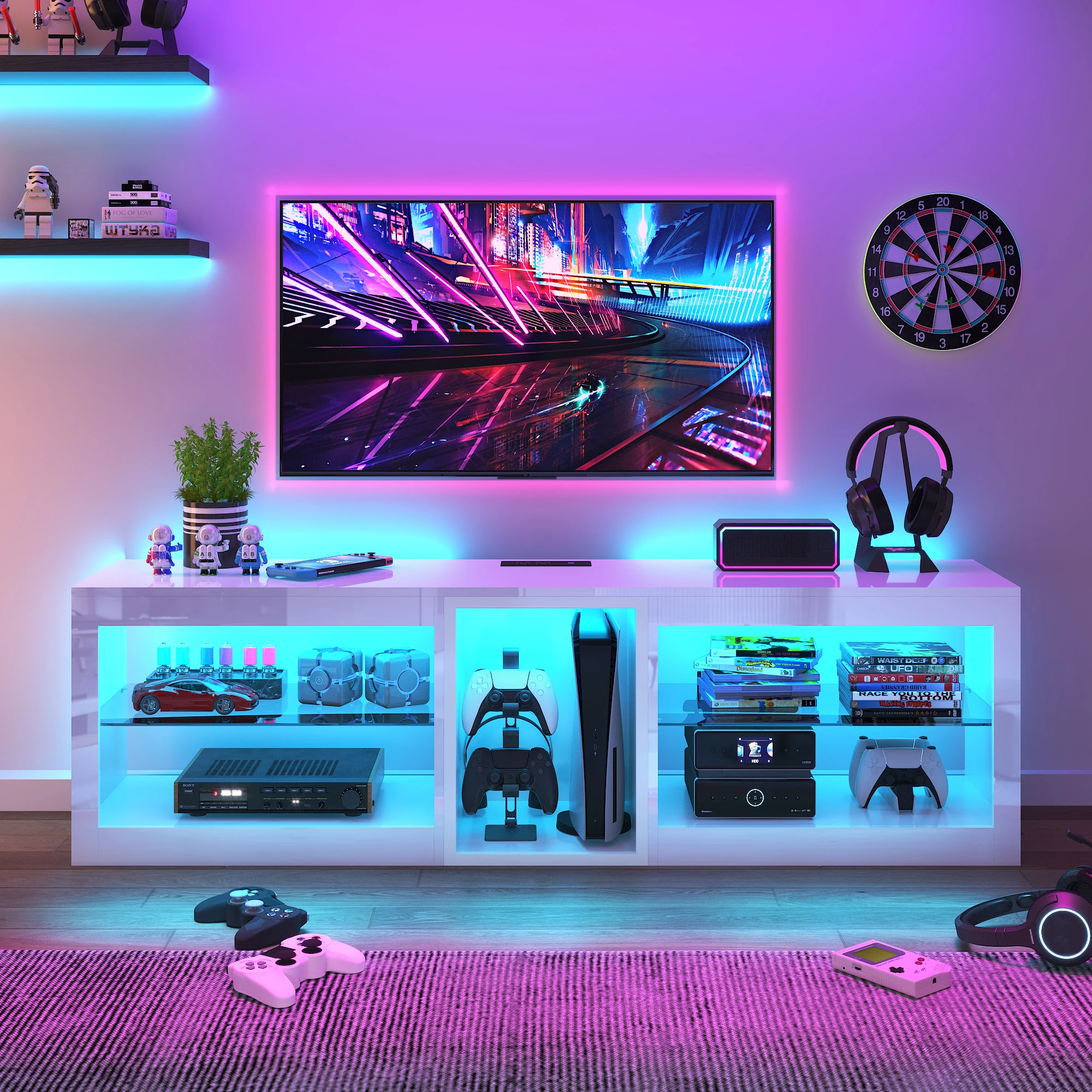 63" LED TV Stand for Televisions up to 70In, TV Cabinet with Adjustable Glass Storage Shelves, Modern LED Entertainment Center 63" LED TV Stand for Televisions up to 70In, TV Cabinet with Adjustable Glass Storage Shelves, Modern LED Entertainment Center