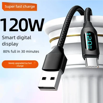 120W USB A To Type C LED Digital Display Fast Charging Data Cable Nylon Braided USB Charge Cord Type C To Type C PD 6A USB Cord