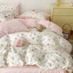 Pink Floral Bedding Set Soft Ins Single Double Queen Size Duvet Cover Flat Sheet Pillowcase Girls Home Totel Bed Linens 3
