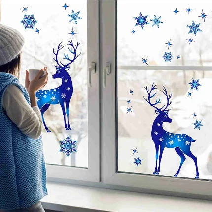 Christmas Window Clings Ornament Snowflake Sticker Glass Window Decoration Sticker Christmas Blue Snowflake Elk Wall Sticker