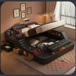 Luxury Tech Smart Multifunctional Bed with Massage Chair, Bluetooth Speakers, Projector, USB – Modern Upholstered King Size Bed 3