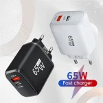 PD 65W GaN EU/US Plug USB Charger 2 In 1 Dual Ports USB Type C Fast Charging Wall Charger Portable Quick Charging Power Adapter