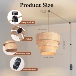 Rattan Plug in Pendant Light, 3 Tier Plug in Chandelier with Boho Wicker Lampshape Hanging Lamp 5