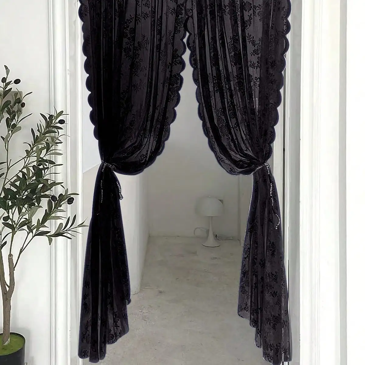 BLACK Floral Lace Sheer Rod Pocket Curtain Panel BLACK Floral Lace Sheer Rod Pocket Curtain Panel