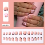 24Pcs Gold Ripple Brown Flowers False Nails with Rhinestones Pearl Design Wearable Almond False Nails Full Cover Press on Nails 6