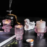 3Pcs Double Sided Vintage Ribbed Taper Glass Candle Holders for Table Centerpieces, Wedding Decorations Dinner Parties 2