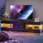 67" Modern TV Stand for TVs 55 to 75 Inch, High Gloss LED Entertainment Center with Stone-Patterned Doors with Drawer & Storage 6
