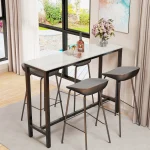 Sintered Stone Bar Table White Rectangle Counter Height Dining Table with Black Metal Frame High Top Pub Tables