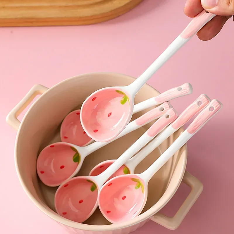 Kawaii Strawberry Ceramic Soup Spoon Cute Korean Ice Cream Hand Painted Coffee Dessert Long Handle Spoon Kitchen Accessories Kawaii Strawberry Ceramic Soup Spoon Cute Korean Ice Cream Hand Painted Coffee Dessert Long Handle Spoon Kitchen Accessories