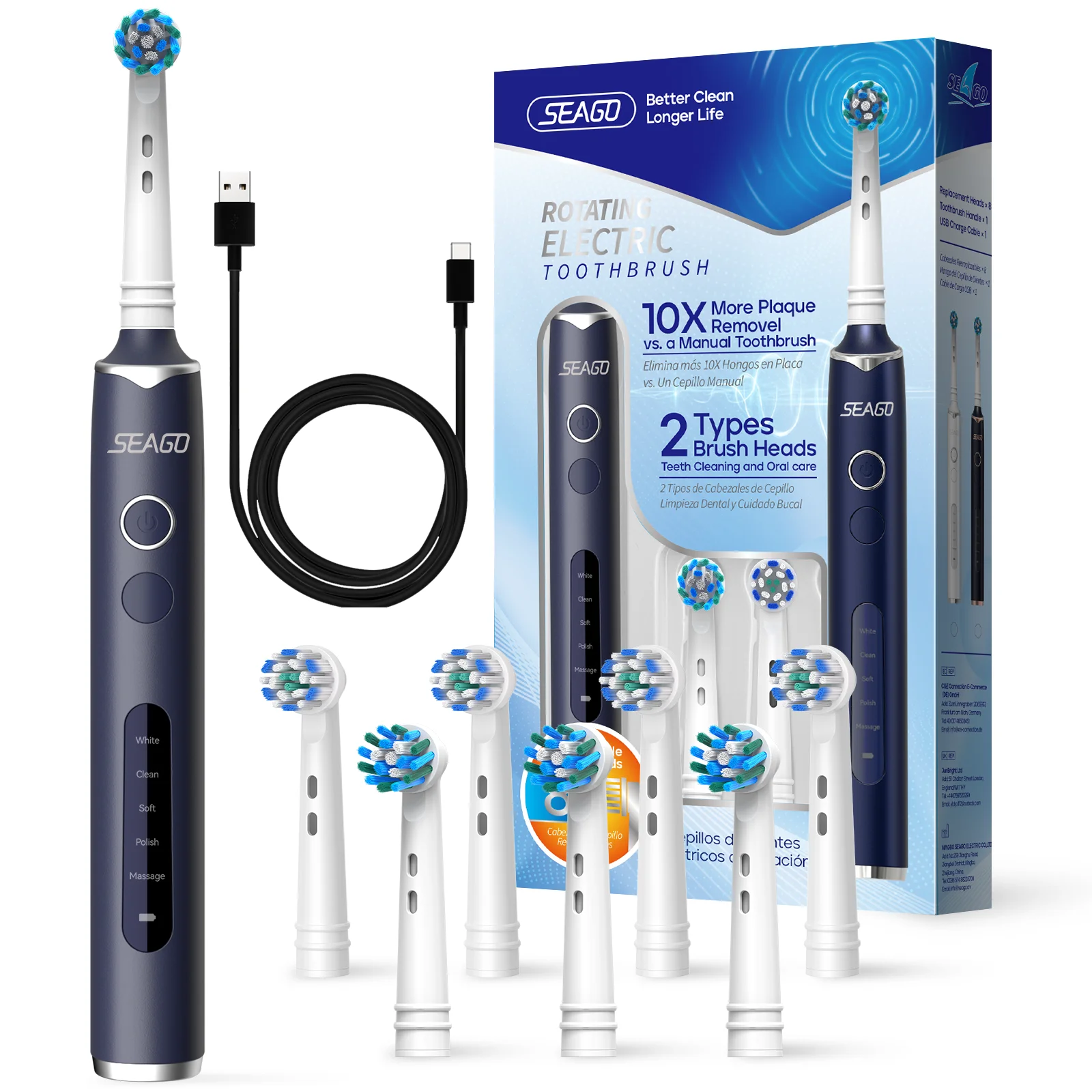 Seago Rotating Electric Rechargeable Toothbrush Teeth Cleaning with 8 Brush Toothbrush Heads 5 Modes Portable Smart Timer Seago Rotating Electric Rechargeable Toothbrush Teeth Cleaning with 8 Brush Toothbrush Heads 5 Modes Portable Smart Timer