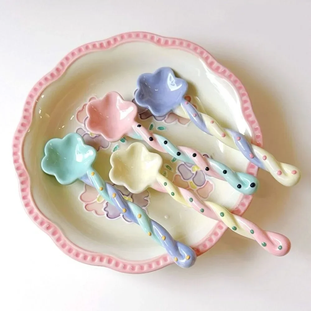 Ceramics Long Handled Spoon New Instagram Style Household Stirring Spoon Hand Painted Flower Shaped Coffee Spoon Ceramics Long Handled Spoon New Instagram Style Household Stirring Spoon Hand Painted Flower Shaped Coffee Spoon