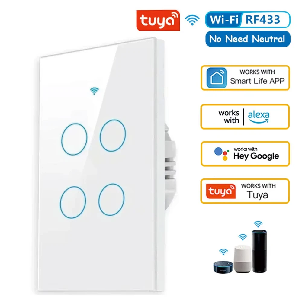 Tuya US WiFi Smart Wall Switch RF433 1/2/3/4 Gang No Neutral Wire Touch Sensor LED Light Switches Smart Home Alexa Google Home Tuya US WiFi Smart Wall Switch RF433 1/2/3/4 Gang No Neutral Wire Touch Sensor LED Light Switches Smart Home Alexa Google Home
