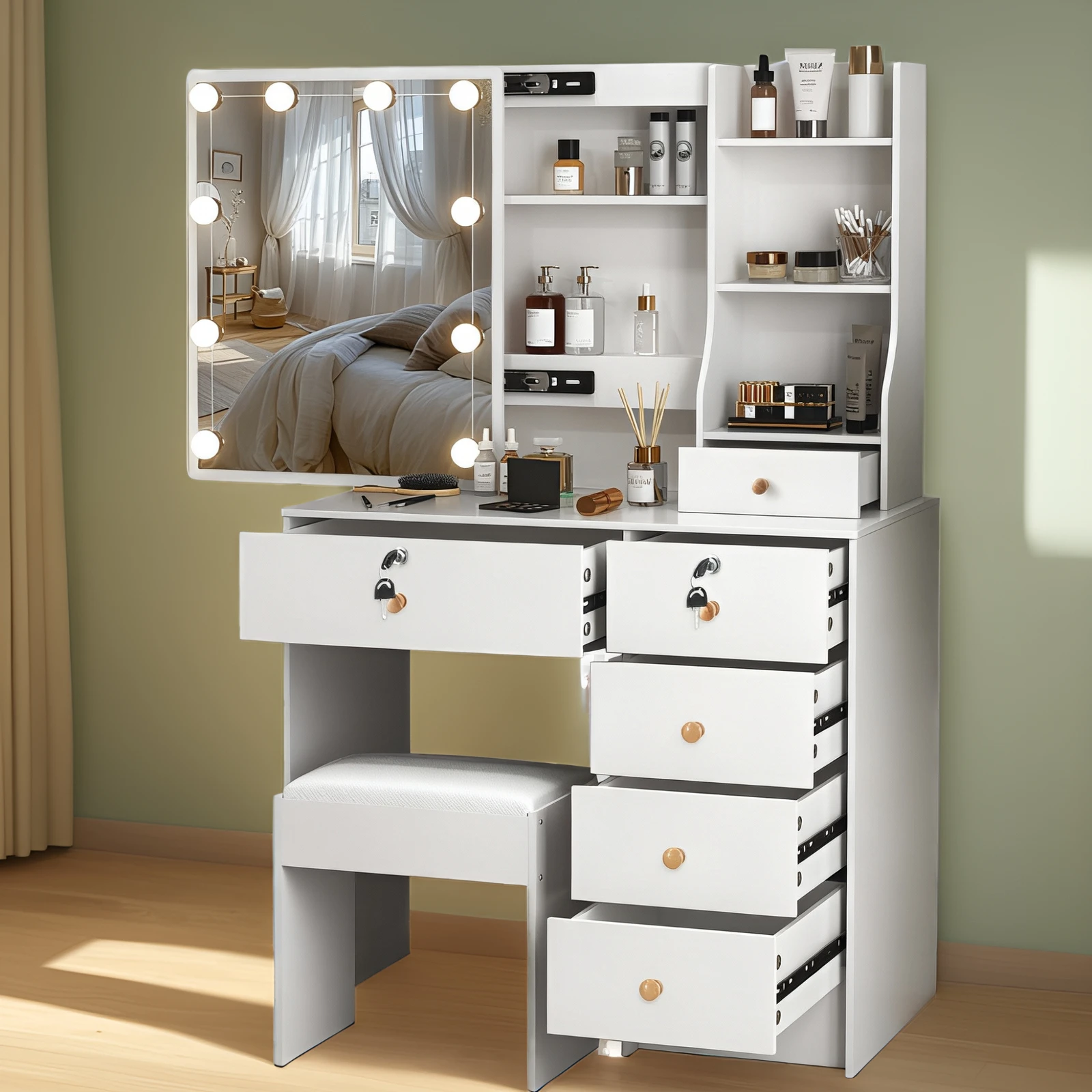 White LED Dressing Makeup Table Bedroom Vanity Set with LED Mirror Stool Drawers White LED Dressing Makeup Table Bedroom Vanity Set with LED Mirror Stool Drawers