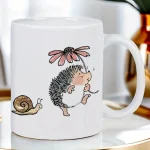 Ceramic Mug with Hedgehog Sniffing Flower & Snail Accent - Cute Garden Animals Coffee Cup, Brown Hedgehog & Pink Floral Design - 3