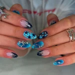24Pcs False Nails Spicy Girl Silver Bow with Diamond Fake Nails with Glue Almond Press on Nails Black Cool Y2k Almond Nail Set 3